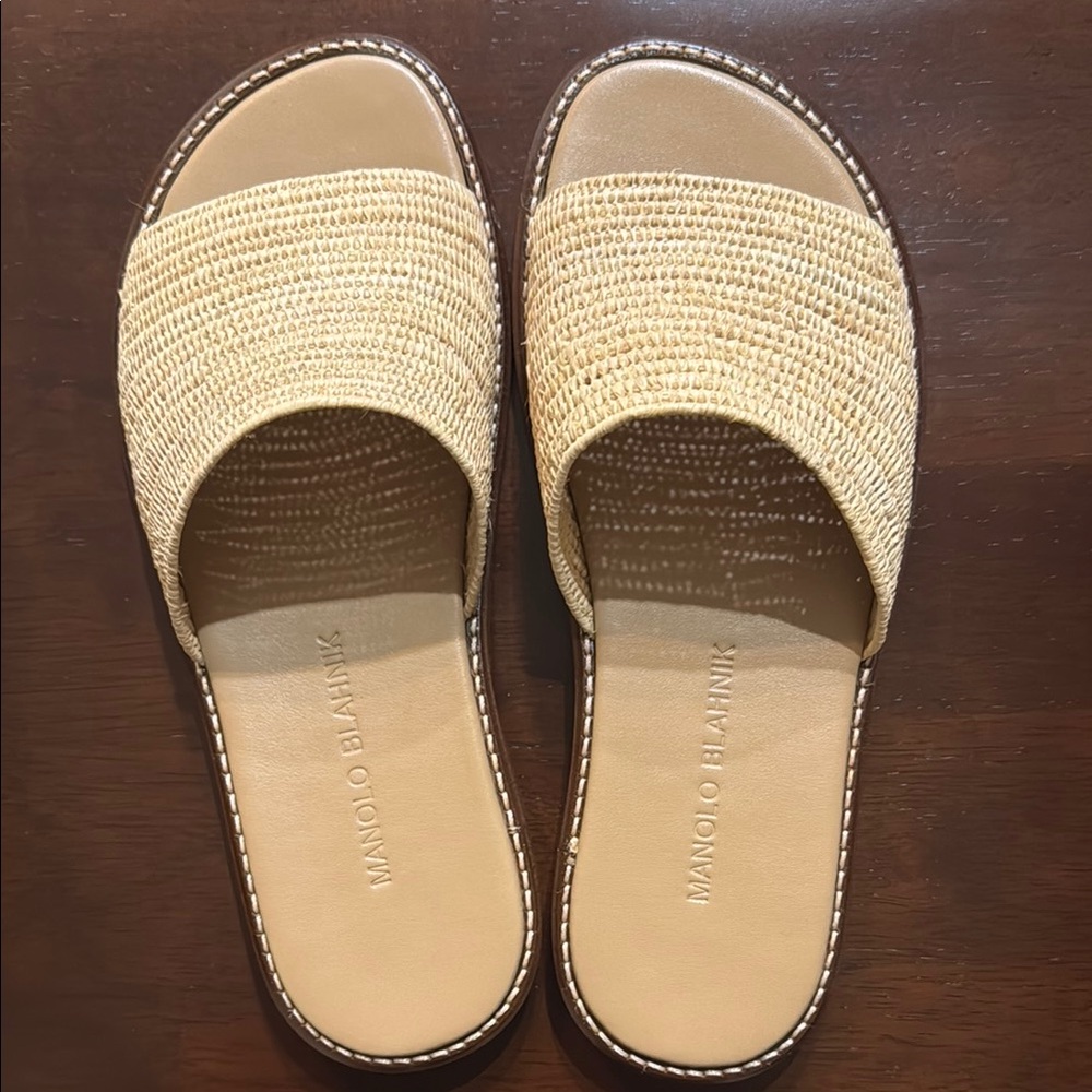 Manolo Blahnik Tan Woven Slide Sandals